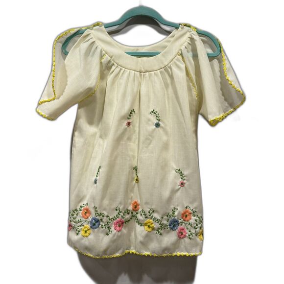 Vintage Handmade Top Embroidered Floral Short Sleeve Stitched Trim Women M Cream - Picture 2 of 9
